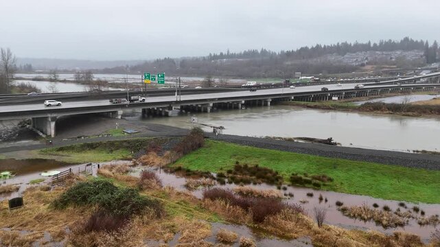 Aerial view of flood water after the Snohomish river rose to elevated levels and caused flooding in farm land. 