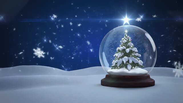 A dreamy winter night scene with a crystal-clear snowglobe placed on snowy ground