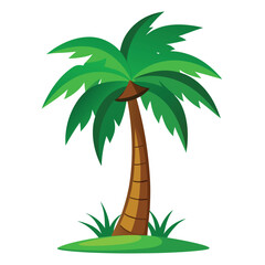 Cheery Cartoon Illustration of a Vibrant Green Palm Tree with Sunny Sky