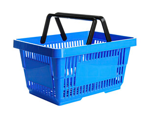 A vibrant blue plastic shopping basket, complete with a black handle, against a transparent backdrop