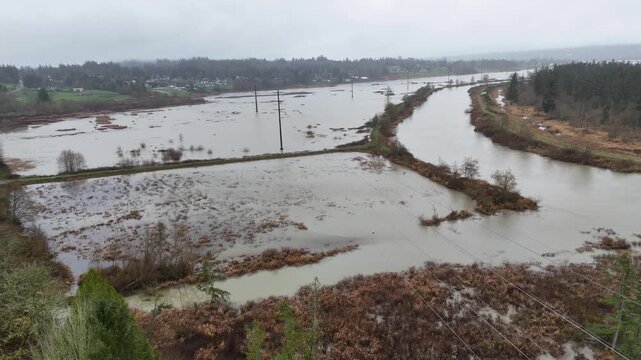 Aerial view of flood water after the Snohomish river rose to elevated levels and caused flooding in farm land. 