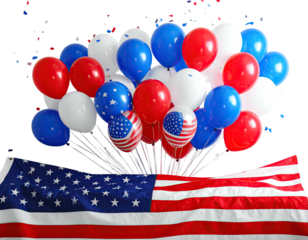 Patriotic display featuring a fluttering flag and balloons in red, white, and blue hues