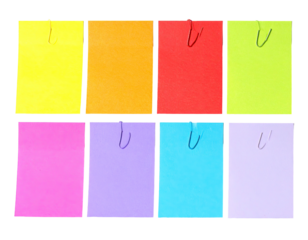 Assortment of colorful, square sticky notes, arranged in two rows of four, with curved handles