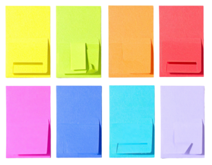 Assortment of vibrant, multi-colored sticky notes arranged in a two-by-four grid
