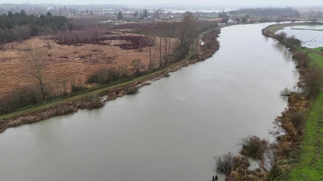 Aerial view of flood water after the Snohomish river rose to elevated levels and caused flooding in farm land. 