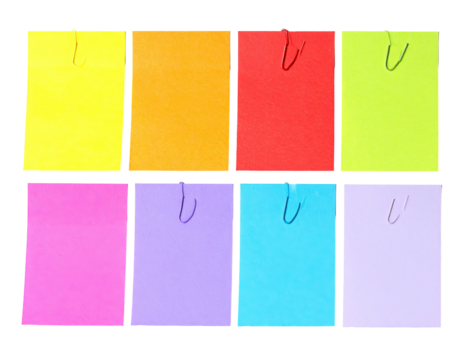Assortment of colorful, square sticky notes, arranged in two rows of four, with curved handles - Powered by Adobe