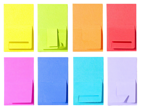 Assortment of vibrant, multi-colored sticky notes arranged in a two-by-four grid - Powered by Adobe