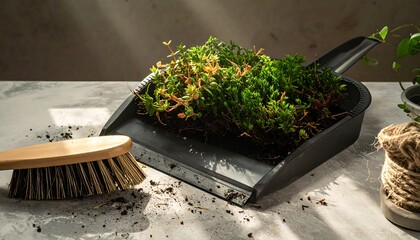 Plants in a dustpan, shadowed by sunlight, sitting on a neutral surface