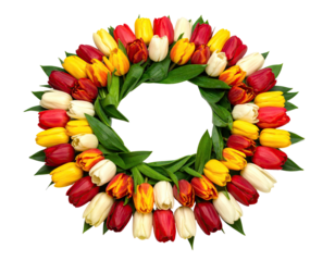A vibrant, circular arrangement of tulips in various colors, with green foliage