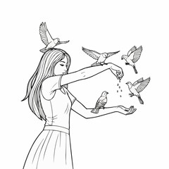 Girl feeding birds while standing in minimalist style  