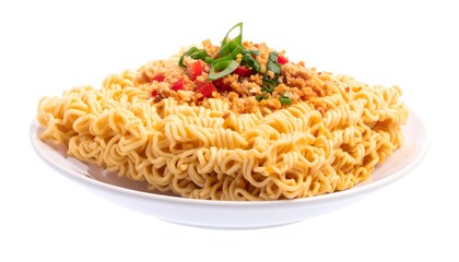Plate of cooked yellow instant noodles topped with red & green seasonings, isolated on white background