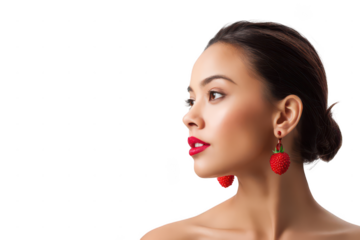 beautiful woman with red earrings and lips, touching her chin