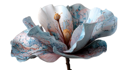 Large white flower with blue and pink map print isolated on a transparent background