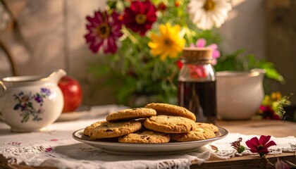Plate of cookies, set on lace cloth with blurred flowers and liquid. Warm, inviting, and slightly rustic scene