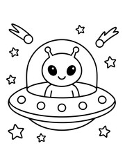 Cosmic Visitor: An adorable extraterrestrial in a flying saucer, surrounded by stars and comets. Evoking a sense of wonder and cosmic adventure.