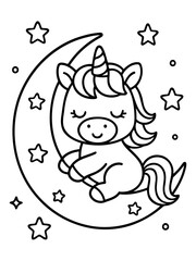 Magical Slumber: A sweet unicorn sleeps peacefully nestled on a crescent moon, surrounded by twinkling stars. A dreamy scene perfect for children and those who love a touch of fantasy.