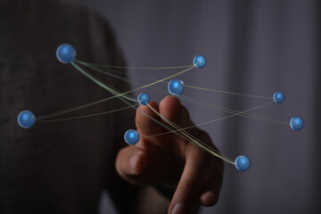 Concept of data connection, communication, future technology, hand interacting with a digital network, cloud co