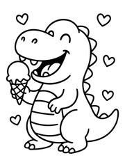 Fototapeta premium Dino's Sweet Treat: A joyful dinosaur character savors an ice cream cone amidst a flurry of hearts, painted with simplicity to highlight an adorable scene.