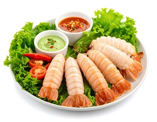 Plate of shrimp with sauces, tomato slices, chilies, and lettuce, isolated on white
