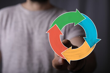 Close up of hand pointing at a circular diagram with arrows representing business process, cycle, plan, and concept of workflow.