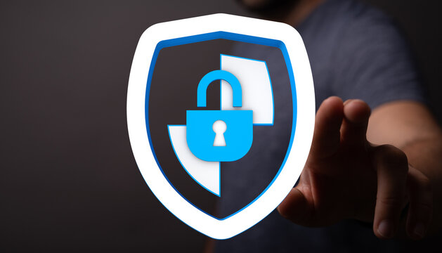 Secure digital protection concept with a blue shield and padlock symbolizing data privacy and security.  Concept of safety and protec - Powered by Adobe