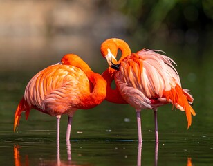 Pair of bright flamingos preening in calm water, creating an image filled with warm, vibrant color in nature