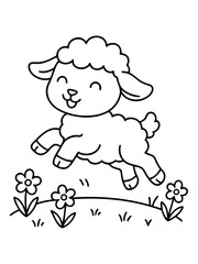 Fototapeta premium Lamb's Joyful Leap: A playful lamb bounds across a grassy knoll adorned with blossoming flowers, exuding a sense of pure joy and springtime delight.