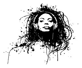 Woman face with headphones and messy abstract hair ink drawing