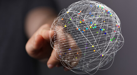 Abstract image of a hand touching a digital globe with connected lines and dots, representing global networking, communication and technology.