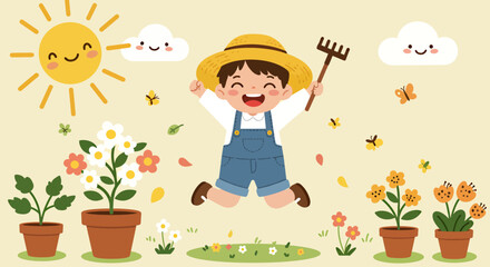 A joyful illustration celebrating happy children’s day, featuring a young gardener jumping with glee amidst blooming flowers, under a cheerful sun and fluffy clouds.