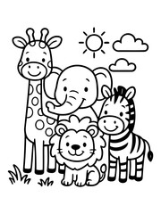 Obraz premium Friendly Zoo: An adorable illustration of a giraffe, elephant, lion, and zebra. Under the warm glow of the sun, and the friendly cloud that gives the scene an inviting and fun atmosphere.