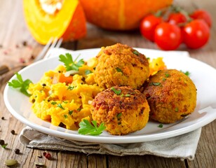 Plate with orange balls, mashed squash, tomatoes, and herbs displayed on a rustic wooden table