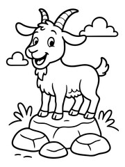 Fototapeta premium Goat on Rock: An adorable goat with impressive horns stands proudly atop a rugged rock formation, a cheerful cloud floating nearby, creating a simple yet charming image.