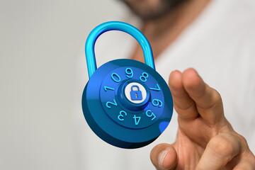 Secure digital rendering of a blue combination lock held in a person's hand, representing security...