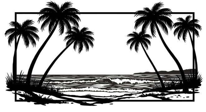 A black and white vector illustration depicts a serene beach scene with silhouetted palm trees, gentle waves, and a tranquil ocean under a clear sky, framed by a simple border.