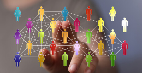 Concept of global connection, communication, social network or team building represented by people linked toget