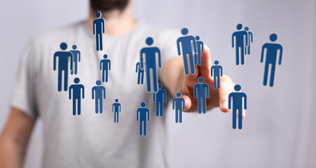 Concept of digital networking and global communication via virtual people icons, illustrating connection, interaction, and teamwork.