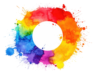 Colorful, round watercolor splash with a white circle in the center
