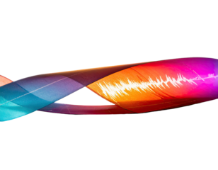 A stylized, vibrant depiction of sound waves, intertwined and glowing against a black background