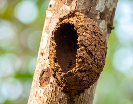 Mud dauber nest affixed to tree trunk, with a blurry green background and sunlit bark, showcasing a natural habitat