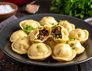 Plateful of steamed dumplings, one sliced in half revealing a mushroom filling. Green herbs are sprinkled on top