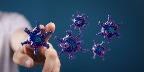 3D render depicting a human hand touching floating microscopic coronavirus particles, symbolizing the concept