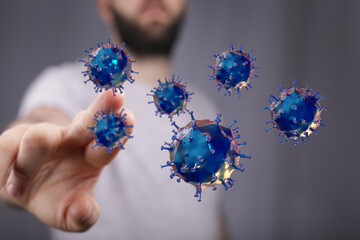 3D render depicts the visualization of a virus interacting with a human hand, illustrating scientific concepts