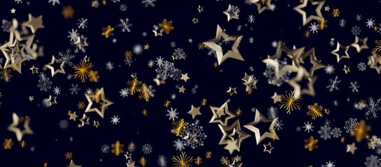 Elegant dark blue backdrop with glittering golden stars and snowflakes, perfect for holiday greetings and winte © vegefox.com