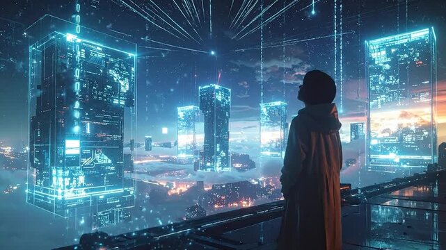 Futuristic cityscape and observer gazing at the advanced technology realm