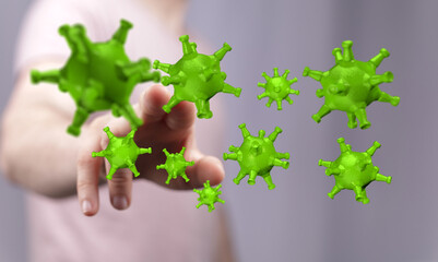 Hand reaching out to touch viruses. Conceptual image of the impact of pandemic on society, health and contamin