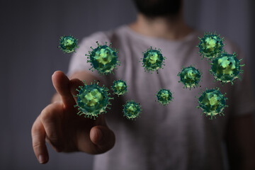 Concept of the Coronavirus pandemic. Person interacting with the virus cells. Disease, infection,...