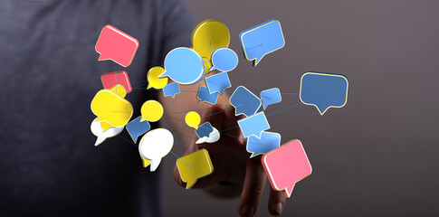 Abstract network of floating speech bubbles, representing communication, social interaction, and connection. Co