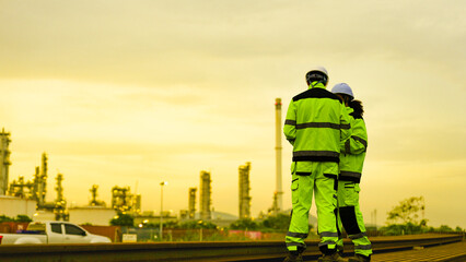 Energy professionals plan for the future at an industrial site. The team monitors operations at sunset, symbolizing sustainable growth and global infrastructure development.
