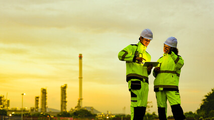 Energy professionals plan for the future at a refinery. The diverse team uses technology to monitor sustainable operations during a beautiful golden sunset.